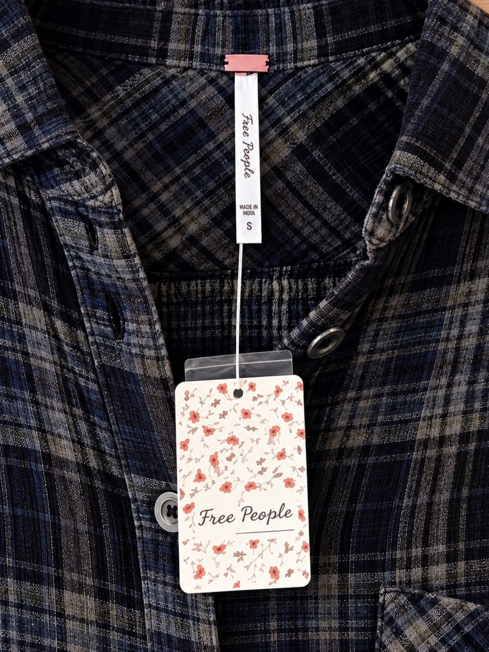 NWT Free People XS Plaid Flannel Blue Khaki Purple Button Front 100% Cotton Boho - Picture 5 of 7